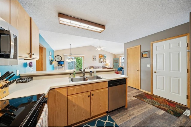 kitchen featuring a sink, wood finished floors, stainless steel appliances, a peninsula, and lofted ceiling