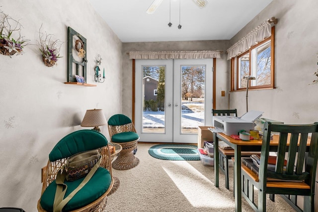 doorway featuring french doors and carpet flooring