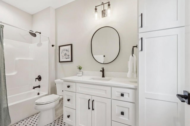 bathroom featuring toilet, shower / bath combo, vanity, and tile patterned flooring