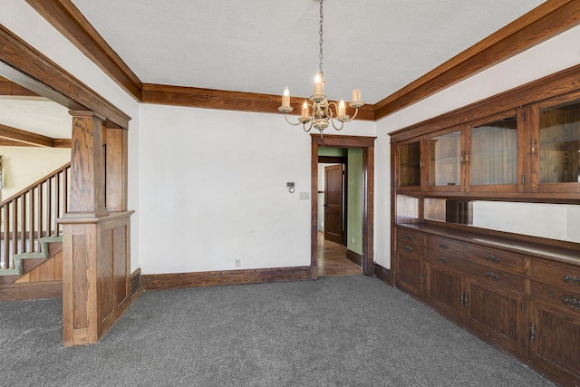 unfurnished room with stairway, carpet, baseboards, and a chandelier