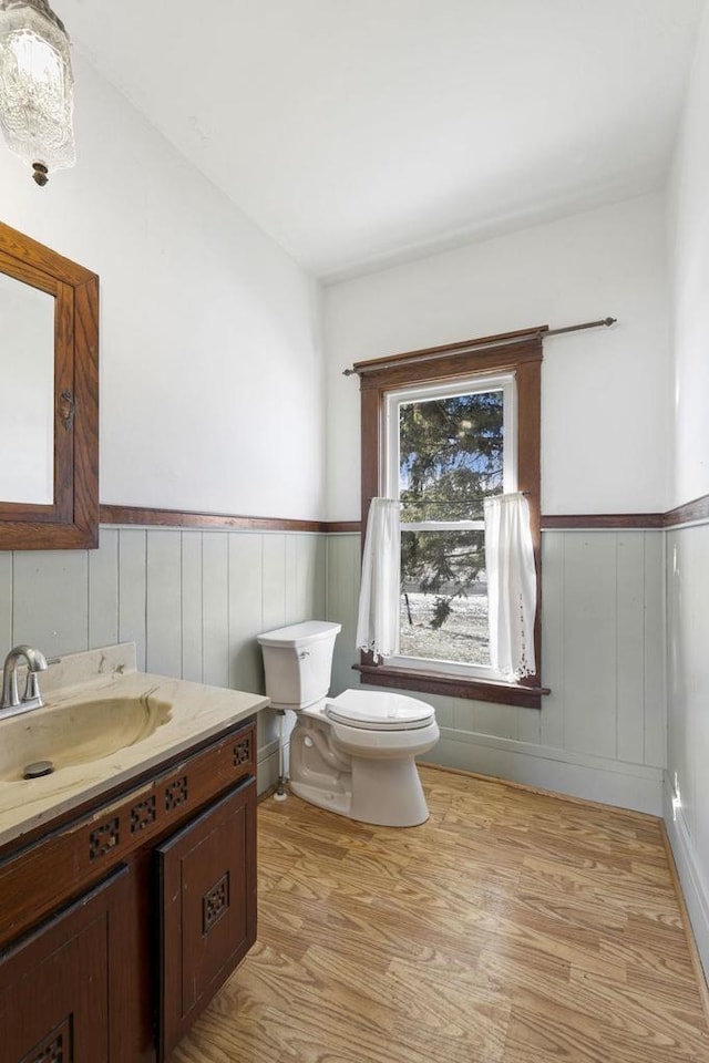 bathroom featuring vanity, toilet, wood finished floors, and a wainscoted wall