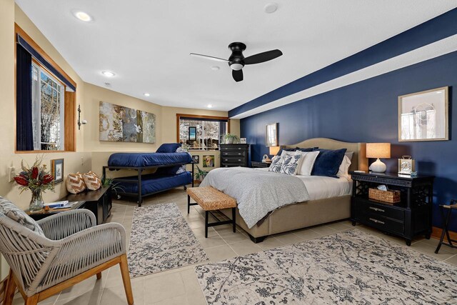 bedroom with recessed lighting, light tile patterned flooring, and ceiling fan