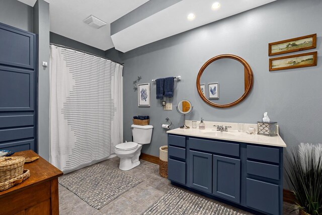 bathroom with vanity, visible vents, curtained shower, tile patterned floors, and toilet