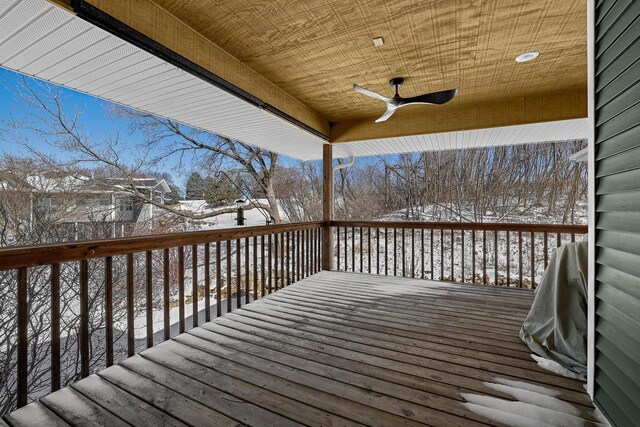 snow covered deck with a ceiling fan