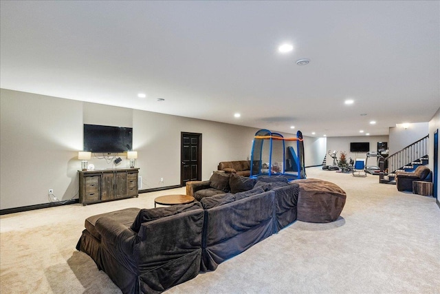9073 Richfield Dr, Marshfield, WI 54449 - living area featuring recessed lighting, stairway, baseboards, and light colored carpet