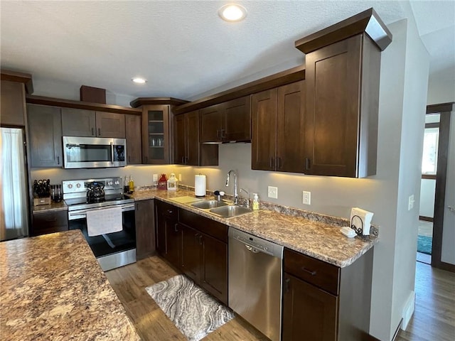 kitchen featuring a sink, dark brown cabinetry, light wood-style flooring, and stainless steel appliances