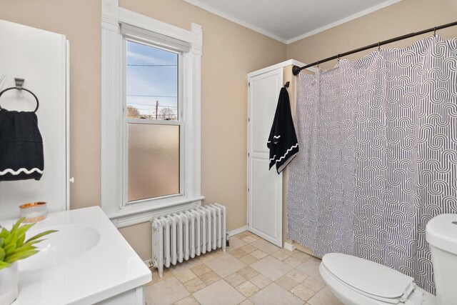 bathroom with a shower with curtain, radiator heating unit, stone tile flooring, crown molding, and toilet