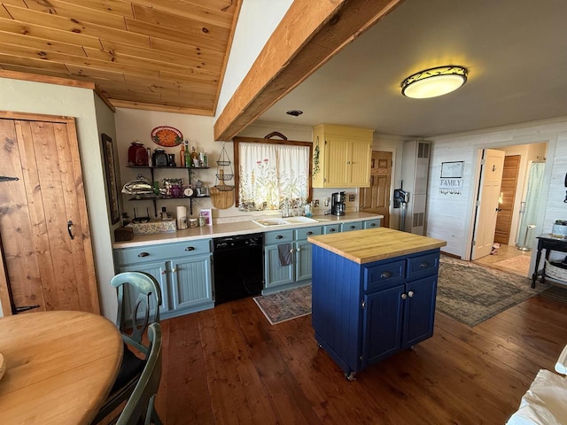 kitchen featuring wooden counters, black dishwasher, dark wood-style floors, blue cabinets, and a sink