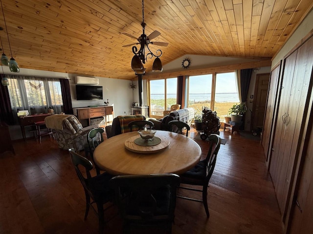 dining space with a ceiling fan, vaulted ceiling, wood ceiling, and wood-type flooring