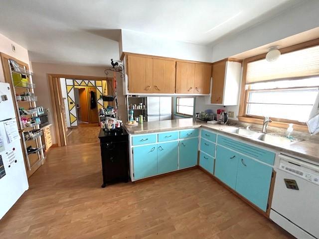 kitchen featuring light wood finished floors, light countertops, white appliances, blue cabinets, and a sink