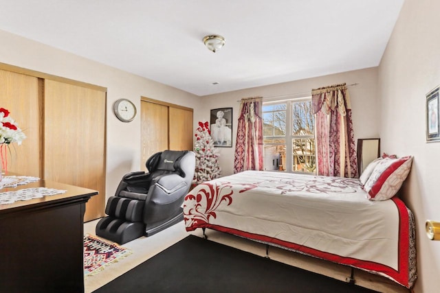 carpeted bedroom with two closets