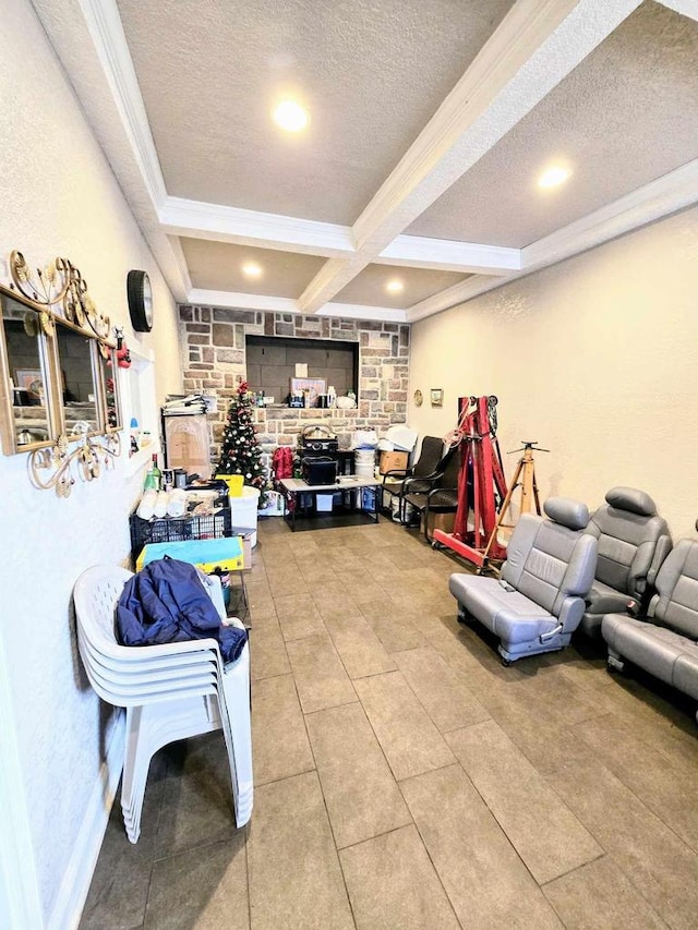 interior space featuring recessed lighting, a textured ceiling, ornamental molding, and tile patterned flooring