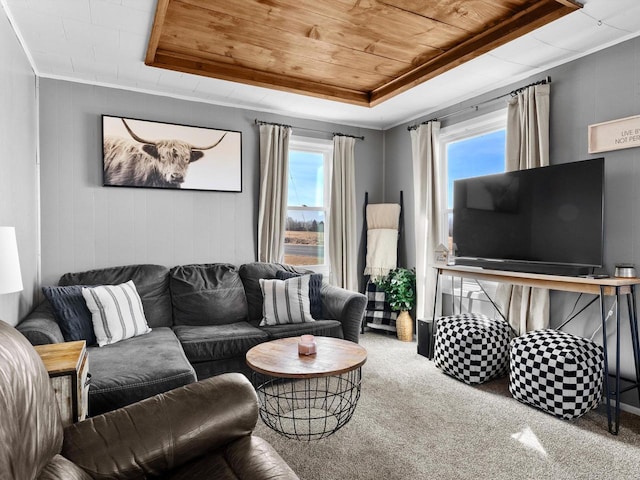 carpeted living area with wooden ceiling, a wealth of natural light, crown molding, and a tray ceiling