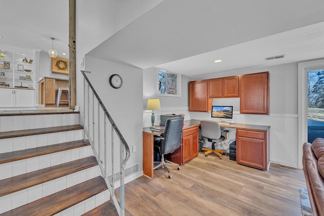 office space featuring visible vents, recessed lighting, and light wood-style floors