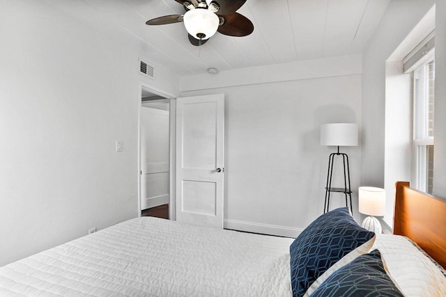 bedroom featuring visible vents, baseboards, and ceiling fan