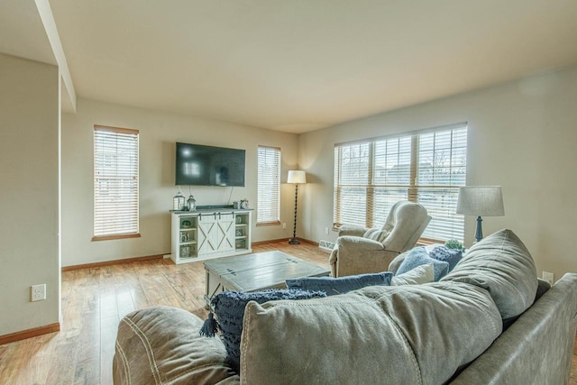 living room featuring light wood-type flooring and baseboards