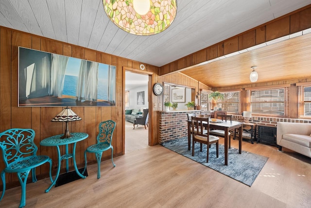 dining area with wood ceiling, wooden walls, and wood finished floors