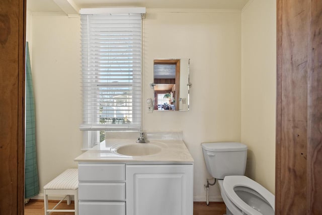 half bathroom featuring toilet, ornamental molding, and vanity