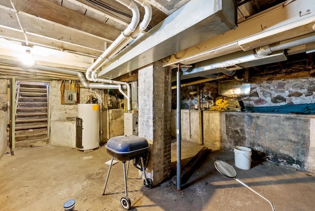 unfinished basement featuring water heater and electric panel