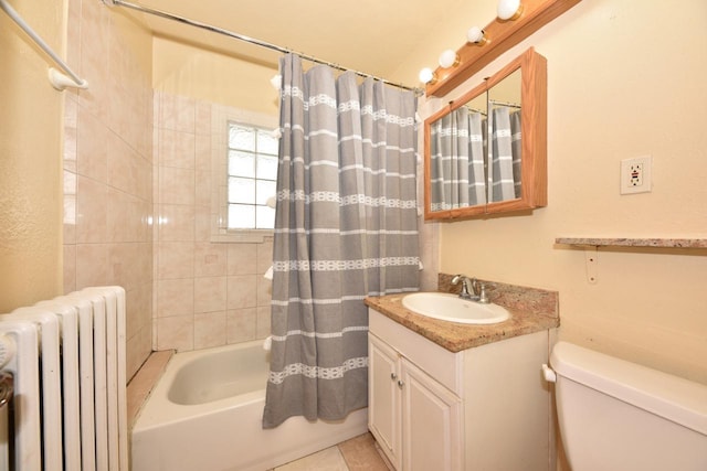 bathroom with shower / bath combo with shower curtain, toilet, radiator heating unit, tile patterned flooring, and vanity