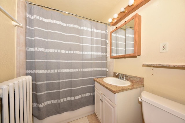 bathroom with vanity, a shower with shower curtain, radiator heating unit, tile patterned floors, and toilet