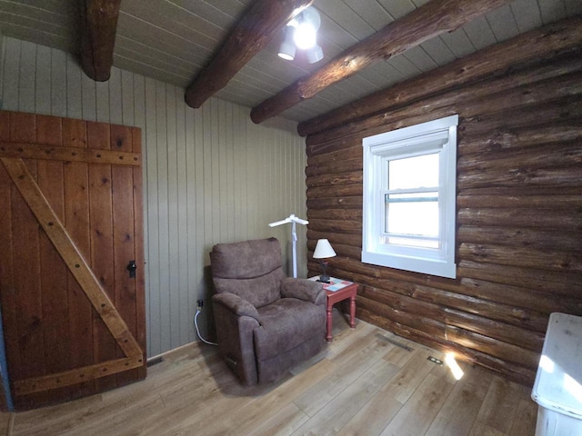 sitting room featuring lofted ceiling with beams, wood ceiling, wood-type flooring, and rustic walls