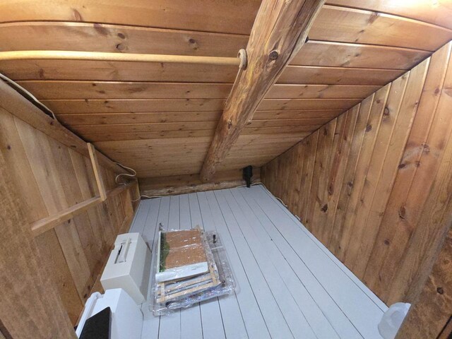 interior space with wooden ceiling, wooden walls, beamed ceiling, and a sauna