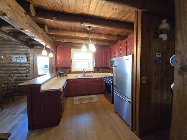 kitchen featuring dark wood finished floors, wood ceiling, appliances with stainless steel finishes, a peninsula, and a sink