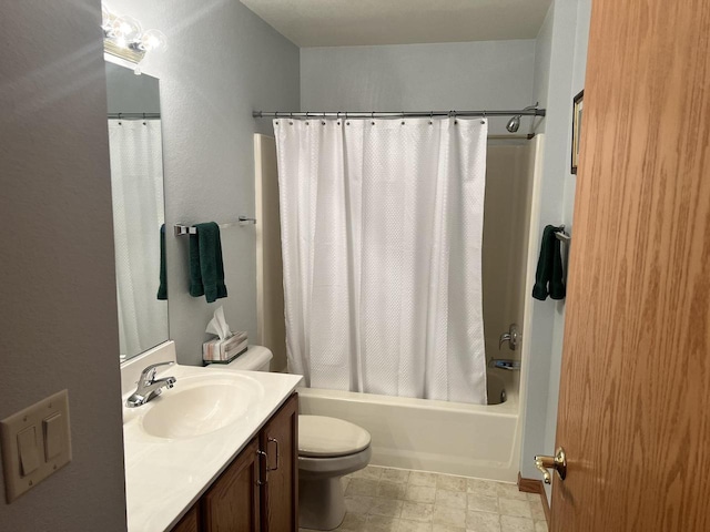 full bathroom with toilet, vanity, and shower / bath combination with curtain