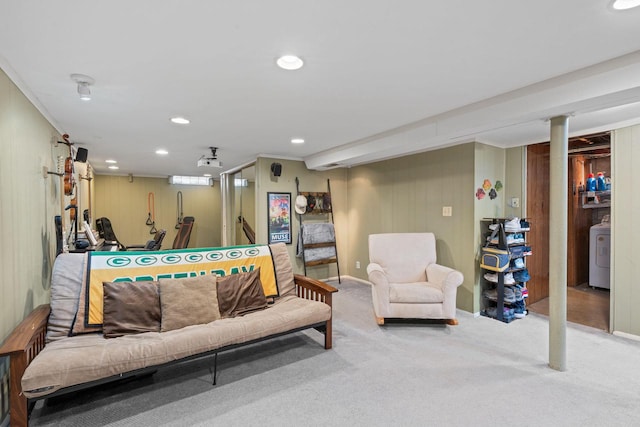 carpeted living room with recessed lighting and washer / clothes dryer