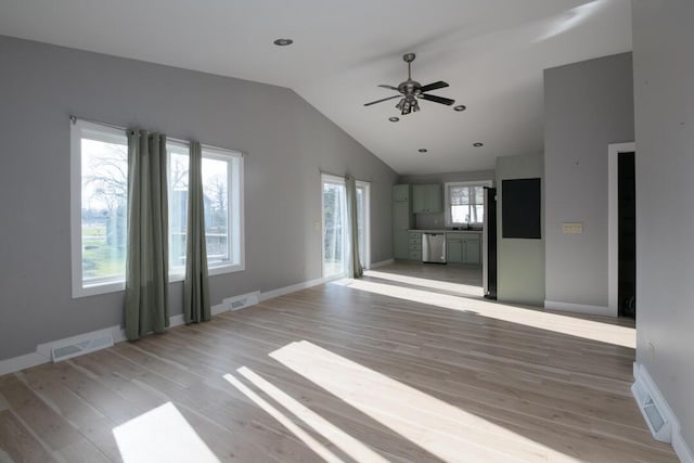 unfurnished living room with light wood finished floors, visible vents, a sink, and vaulted ceiling