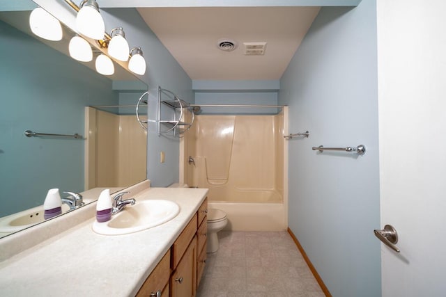 bathroom with visible vents, toilet, shower / bath combination, baseboards, and vanity