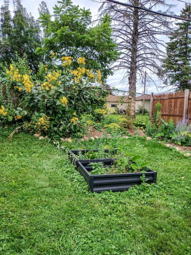 view of yard featuring a vegetable garden and fence