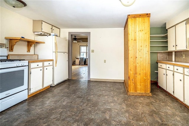 kitchen with a ceiling fan, open shelves, white appliances, light countertops, and baseboards