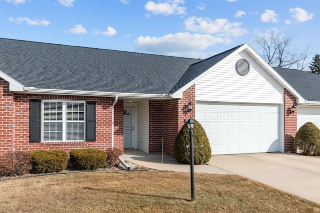 ranch-style house with brick siding, an attached garage, driveway, and roof with shingles