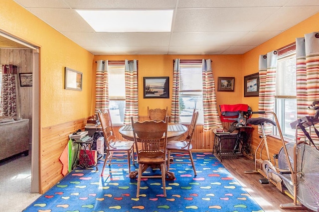 dining space with wooden walls, a paneled ceiling, a wainscoted wall, and wood finished floors