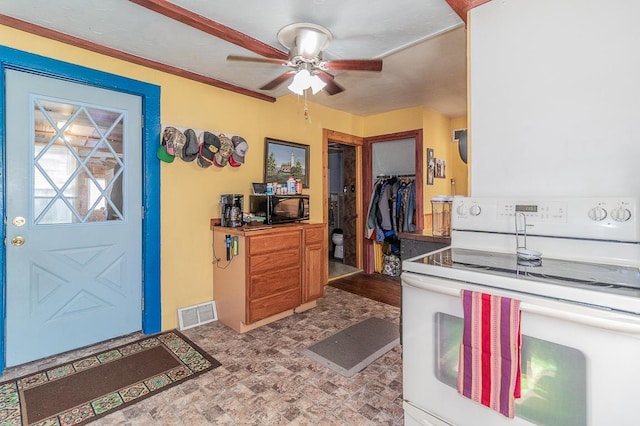 kitchen with black microwave, visible vents, ceiling fan, and white electric range oven