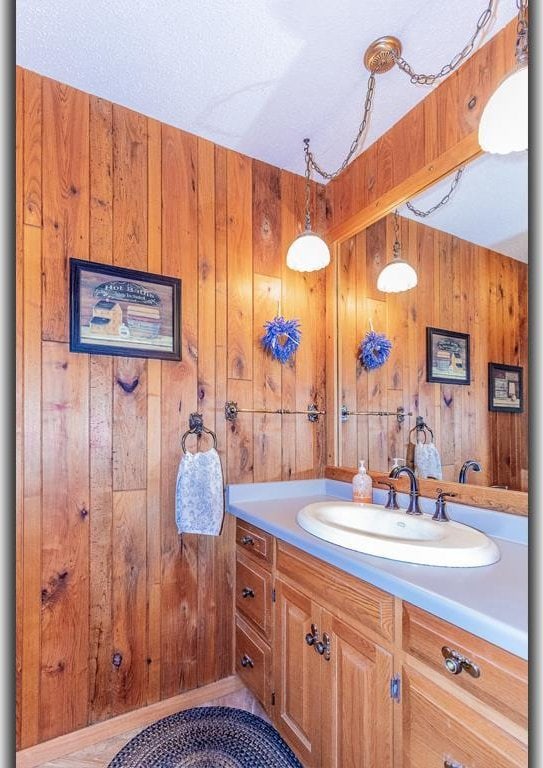 bathroom with wood walls and vanity