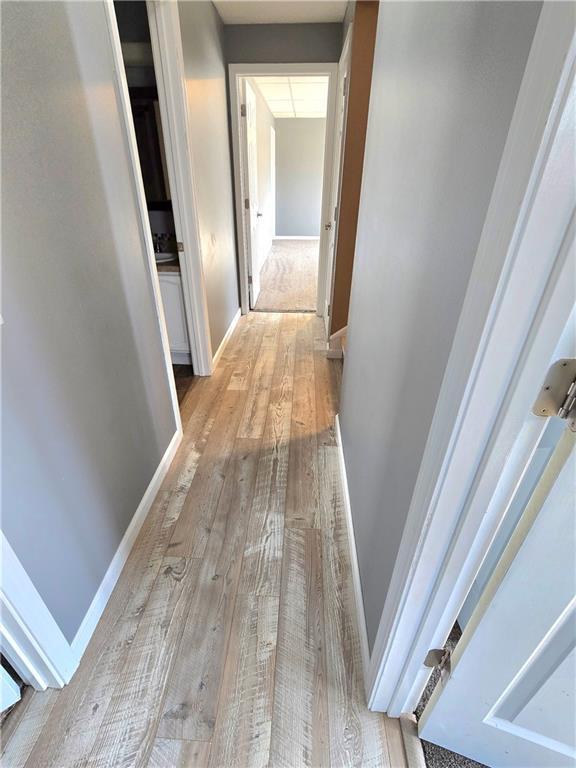 hallway with baseboards and wood-type flooring