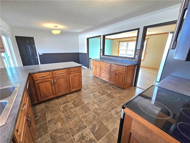 kitchen featuring brown cabinetry, a wainscoted wall, black electric range oven, and ornamental molding