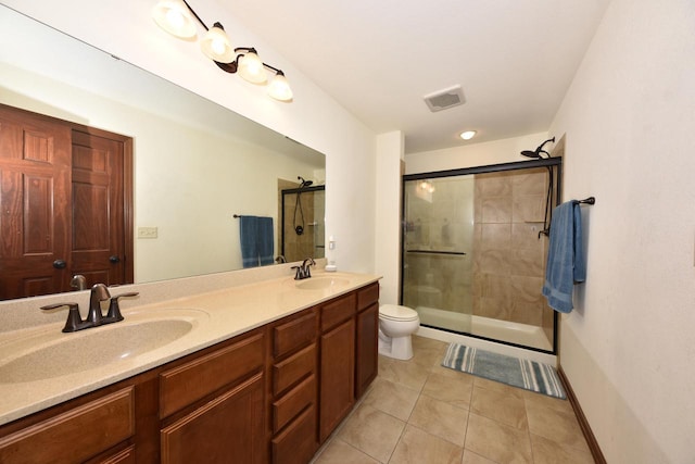 bathroom with double vanity, visible vents, a stall shower, and a sink