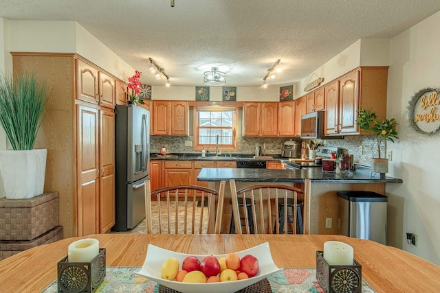 kitchen featuring a sink, decorative backsplash, appliances with stainless steel finishes, and a peninsula