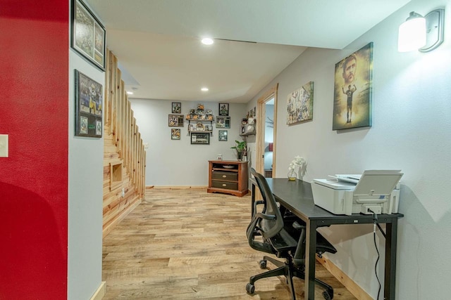 office area featuring recessed lighting, light wood-style flooring, and baseboards