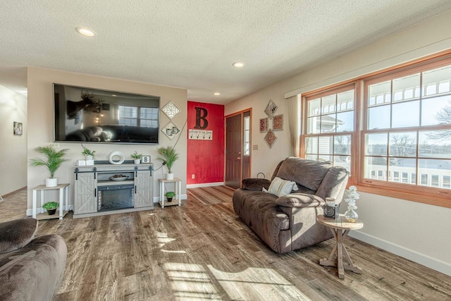 living room with a fireplace, wood finished floors, baseboards, and a textured ceiling