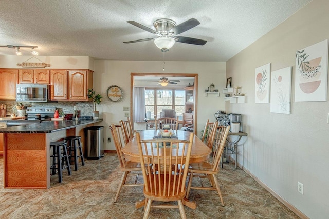 dining area featuring baseboards, a textured ceiling, and stone finish floor