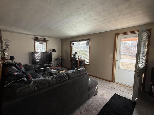 carpeted living area featuring baseboards and a textured ceiling