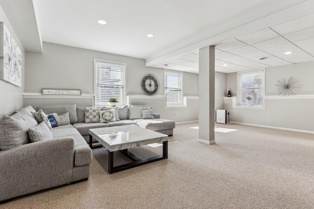 living area featuring recessed lighting, carpet, and baseboards