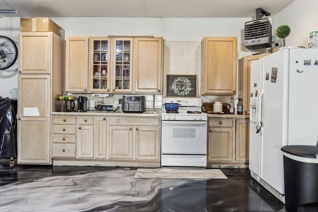 kitchen featuring light brown cabinets, white appliances, glass insert cabinets, and light countertops