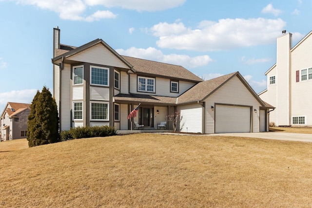 traditional-style house featuring a front yard, a garage, driveway, and a chimney