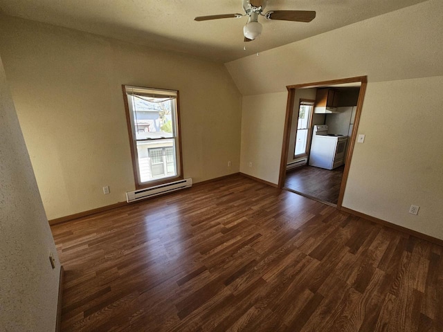 interior space featuring a baseboard heating unit, a ceiling fan, dark wood-style flooring, and plenty of natural light